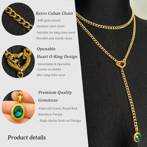 Heart Slip Chain Necklace for Women, 39 Inch Cuban Chain, Removable Heart O-Ring, Crystal Pendant, Adjustable Stainless Steel Y-Necklace - color: Gold-Green