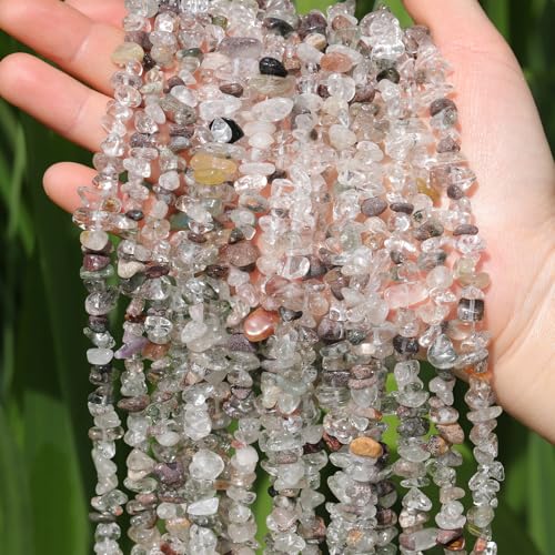 400pcs Natural Chip Stone Beads for Jewelry Making Green Ghost Quartz 5-8mm Irregular Gemstones Healing Crystal Loose Rocks Bead Hole Drilled for Ring Earrings Necklace Bracelet Making DIY Art Crafts - color: Green Ghost(2 Strands-62")