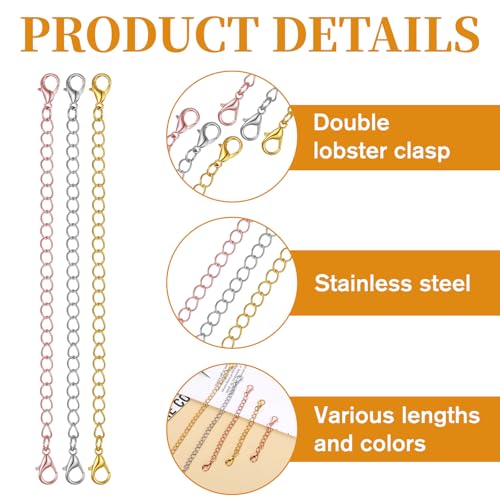 30 Pcs Chain Extension for Necklace 5 Size Bracelet Necklace Extenders for Women Anklet Jewelry Making (10 Gold, 10 Silver, 10 Rose Gold)