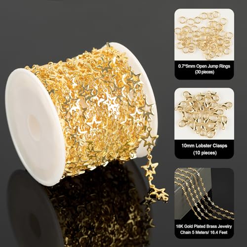 YOUBEIYEE 13 Feet Star Chain for Jewelry Making 18K Gold Plated Brass Chain Spool Hollow Stars Link Chain Jewelry Craft Chains Bulk - color: Star