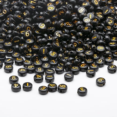1000pcs Acrylic Number Beads 0-9 Round 4x7mm Mixed for Jewelry Making and DIY Bracelets, Necklaces, Key Chains (Black Gold) - color: Black Gold