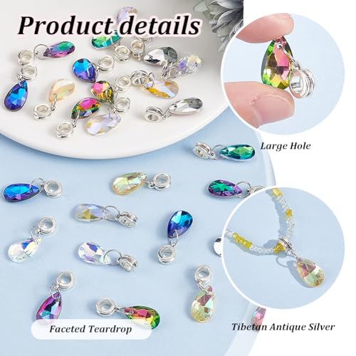 PH PandaHall 32pcs Teardrop Glass Charms, 8 Colors Faceted Waterdrops Charms Crystal Teardrop Pendants Drop Dangle Charm with Large Hole Bail Hanger for Jewelry Necklace Bracelet Making