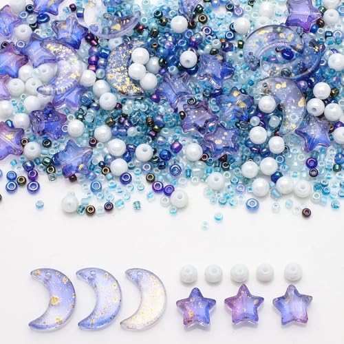 Mixed Star Moon Crystal Glass Beads Seedbeads Loose Round Pearl Beads for Jewelry Making Craft Bracelets Necklaces Earrings DIY Crafts Projects Blue Glass Spacer Bead Kits for Crafts - color: Blue