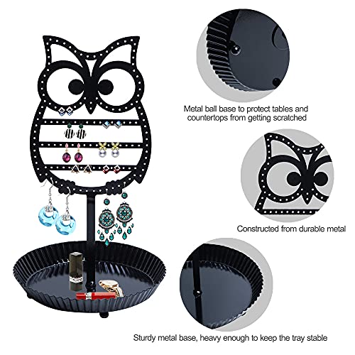 NIKKY HOME Earring Holder Hanging Organizer Stand Metal Jewelry Tree Table Top Owl Ear Stud Holder Tower Rack with Ring Tray for Girls (134 Holes), Black - color: Black