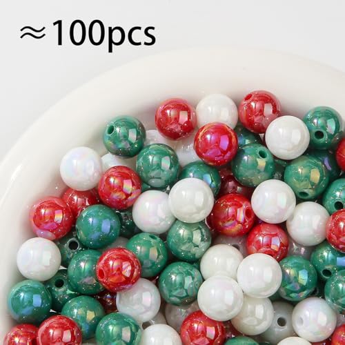 16mm Acrylic Beads 100pcs Christmas Style Bead Color Chunk Bubblegum Beads for Pens for Necklace Jewelry Bracelets DIY Crafts Making (abxmas) - color: white&red&green