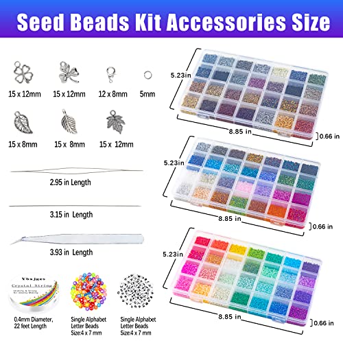 Ybxjges 42000Pcs 2mm Glass Seed Beads 12/0 Small Tiny Beads Kit with 150Pcs Alphabet Letter Beads Pendants Charms Jump Ring Elastic String for DIY Bracelets Necklace Jewelry Making Supplies
