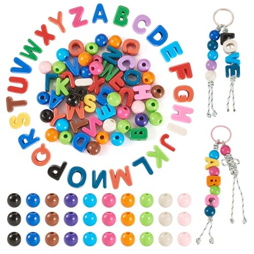 Cheriswelry 56Pcs Acrylic Beads Kit for Bracelet Making Letter A-Z Beads Opaque Round Loose Spacer Bead Rainbow Bead with Polyester Cord 15-18mm for DIY Necklace Keychain European Jewelry Making - color: Mixed Color