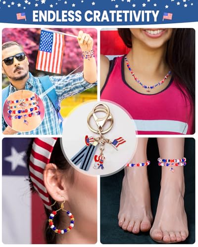 Goldwise 1578Pcs 4th of July Red White Blue Beads Bracelet Making Kit with Clay Seed Plastic Pony Pearl Beads, Patriotic USA Flag Star Beads, Metal Charms Earrings for Jewelry Making - size: 4th of July