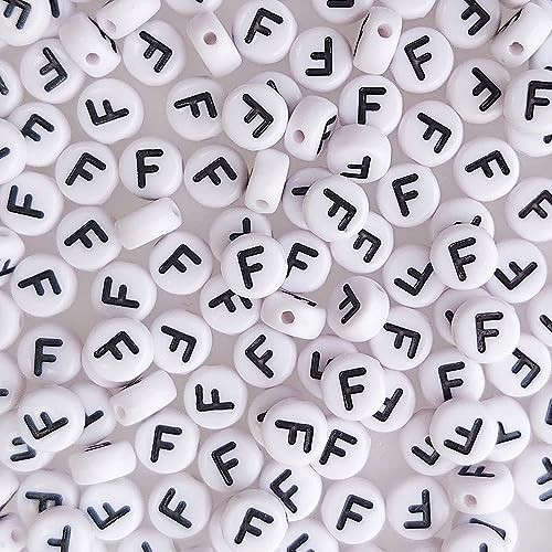 200+ Pieces 4x7mm Single F Letter Beads for Jewelry Making, White Round Acrylic Bulk Alphabet (Black on White) - size: Single Letter F 200+ Pcs