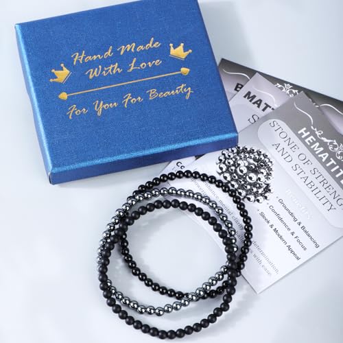 2/3-Pieces 4mm 6mm 8mm Natural Crystal Gemstone – Handmade Reiki Energy Healing Stretch Bracelets Jewelry for Yoga, Meditation, Unisex - color: 3 Pieces (BlackOnyx&Hematite&MatteBlackAgate), size: 4mm
