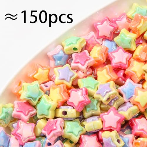 150pcs Ab Color Star Beads Acrylic Bead Stars Shape Beads for Jewelry Making Handmade DIY Bracelet, Charms Keychain Craft Supplies (Star) - color: star