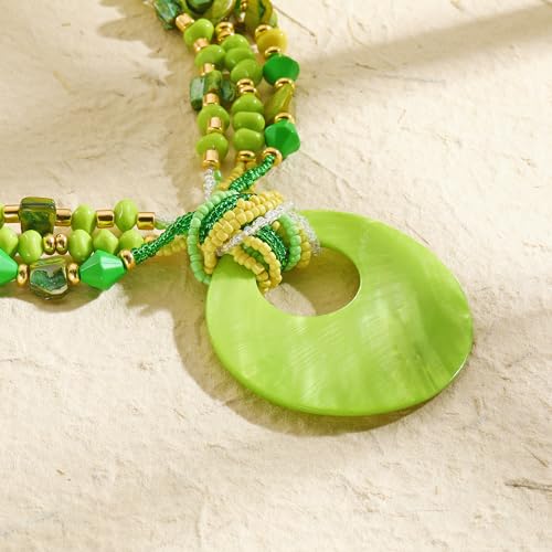 Coiris Shell Pendant Statement Strand Necklace for Women Boho Multi Beads Natural Stone Colorful Necklace Bohemian Handmade Chunky Shell Beaded Collar Jewelry for Women - color: Green
