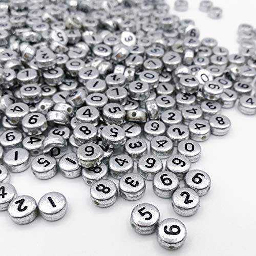 Amaney 500pcs Silver Acrylic Number Beads 7x4mm Mixed Number Beads Acrylic Plastic Round Shape Loose Beads - color: Silver, size: 7x4mm