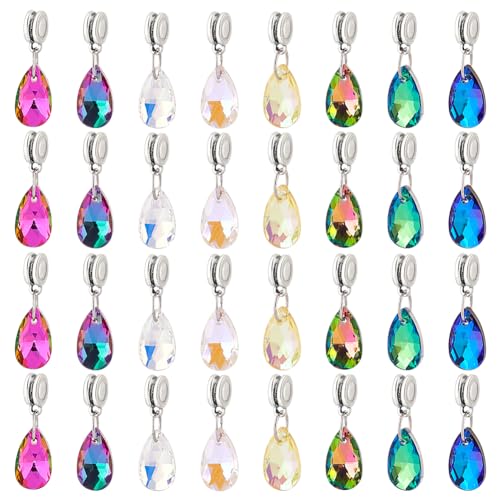 PH PandaHall 32pcs Teardrop Glass Charms, 8 Colors Faceted Waterdrops Charms Crystal Teardrop Pendants Drop Dangle Charm with Large Hole Bail Hanger for Jewelry Necklace Bracelet Making