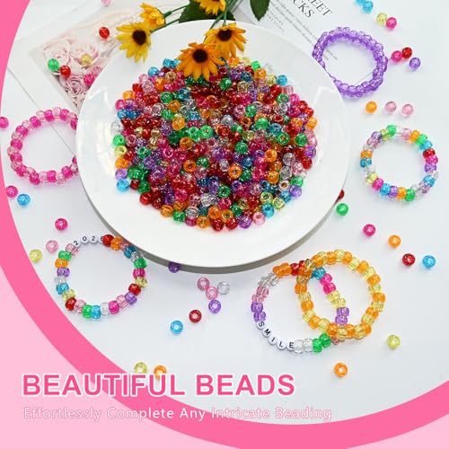 Amaney 500 Pieces Glitter Pony Beads 6x9mm Mixed Colors Transparent Plastic for Hair Braids Jewelry Making - color: Glitter
