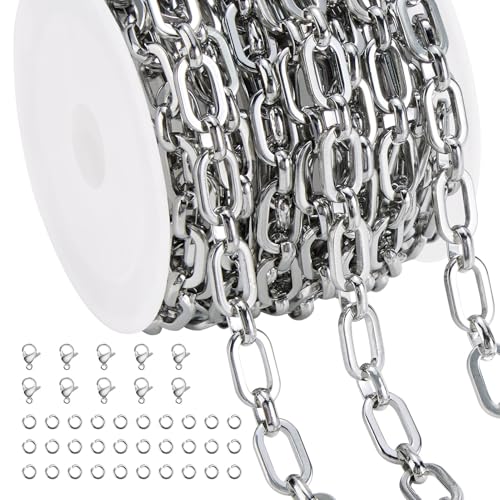 Jabogrii 9.8 Feet Silver Paperclip Chain for Jewelry Making Stainless Steel Oval Link Chain Spool Handmade Jewelry Findings - color: Paperclip Silver