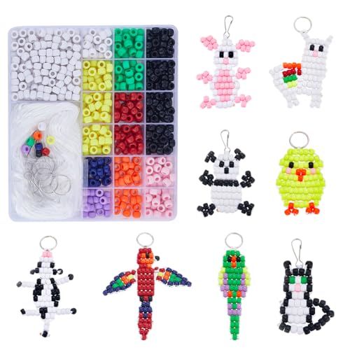 SUNNYCLUE 1 Box DIY 8 Sets Bead Pets Bead Animals Keychain Kit Video Tutorials 8mm Large Hole Pony Beads Farm Animal Shapes Duck Sheep Cow Panda Beaded Animal Key Chains Cord for DIY Crafts Gift - color: Upgraded-8mm Pony Beads Kit Farm Animal Themed