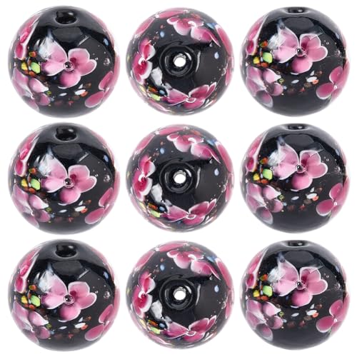 1 Box 10PCS 19~20MM Lampwork Flower Glass Beads with Holes Pink Black Large Inner Flowers Printed Round Handmade Crystal Vintage Spacer Bead for Jewelry Making Necklaces DIY Craft Supply - color: Pink