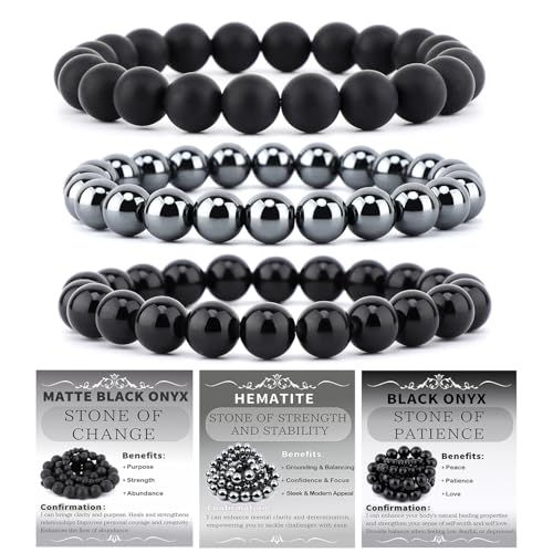 2/3-Pieces 4mm 6mm 8mm Natural Crystal Gemstone – Handmade Reiki Energy Healing Stretch Bracelets Jewelry for Yoga, Meditation, Unisex - color: 3 Pieces (BlackOnyx&Hematite&MatteBlackAgate), size: 8mm