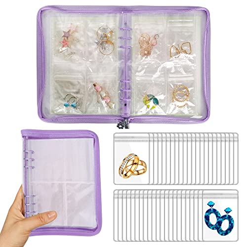 Earring Organizer Case Travel Jewelry Organizer Transparent Jewelry Storage Book for Necklace Bracelet Ring Holder with Small Clear Zippered Pouch - color: Purple,80 PCS Small Bags