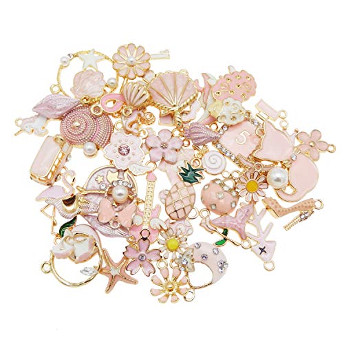 40pcs(20PAIRS) Assorted Gold Tone Enamel Animals Fruit Moon Star Dainty Dangle Flowers Pendants Charms for Jewelry Making Necklace Bracelet, Pink Theme