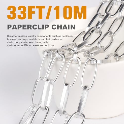 33FT Silver Paperclip Chain Roll 8MM Silver Plated Aluminum Paperclip Link Chains Spool Bulk for Jewelry Making - color: silver, size: 8MM