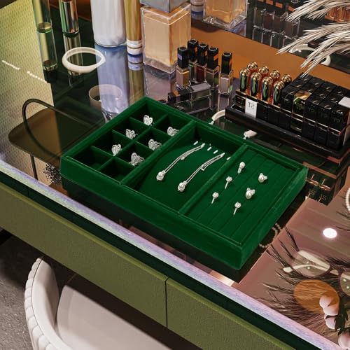 4 In 1 Velvet Jewelry Trays Jewelry Drawer Organizer Tray Stackable Jewelry Trays Necklace Bracelet Ring Earring Organizer Tray (Green) - size: 3 Grid