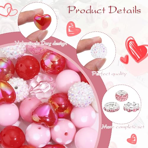 35 Pcs 20mm Chunky Bubblegum Beads Focal Pen Large Rhinestone Pearl Bead with Rhinestone Large Hole European Spacer Beads for DIY Beadable Pen Keychain Jewelry Craft Making(Pink Heart) - color: Pink Heart