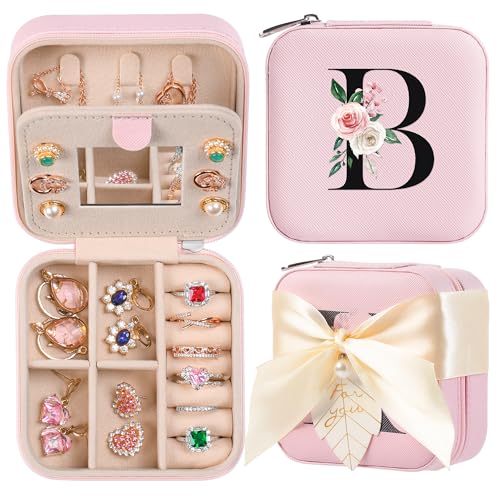 AYGXU Travel Jewelry Box for Women and Girls - Small Case With Initial A-Z - Teacher Gifts - color: pink, size: B