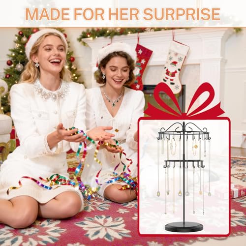 iDavosic.ly 2 Tier Rotating Necklace Holder Organizer with 42 Hooks, Adjustable Metal Bracelet Display Stand Rack, Extra Tall Keychain Spinning Tree Tower for Women, Black - color: Black