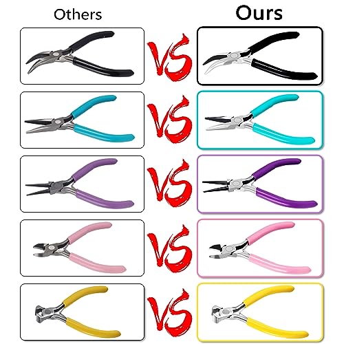 URSKYTOUS 5Pcs Jewelry Pliers Set Jewelry Making Pliers Tools Kit Include Jewelry Making Needle Nose Chain Nose Round Bent Pliers Wire Cutter for Bracelet Beading DIY Craft Jewelry Making Supplies - color: Em Pink Blue Purple Black Yellow