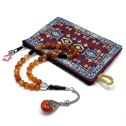 Simple Designed Natural Stone Worry Beads - Prayer Beads Tesbih-Tasbih-Tasbeeh-Misbaha-Subha-Sebha-Sibha-Rosary (Red Agate Natural Stone -8 mm 33- Beads/Drop Tassel) - color: Red Agate Natural Stone -8 mm 33- Beads / Drop Tassel