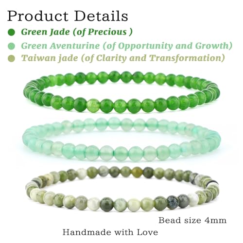 NCB 2.3-Piece 4mm Natural Crystal Gemstone Stretch Bracelets – Handmade Reiki Energy Healing Jewelry for Meditation,Yoga, Unisex - color: 3PCS ( Green Jade+Green Aventurine+Taiwan Jade ), size: 4mm