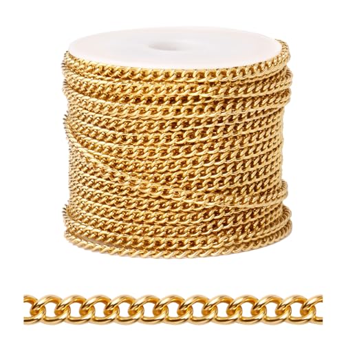 [33 FT] 18K Gold PVD Plated Curb Chains Bulk for Jewelry Making, 3mm 304 Stainless Steel Flat Twisted Links Curb Chains Roll Spool for Jewelry Making DIY Craft - color: Gold Color, size: 3.0mm width