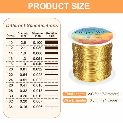 HARFINGTON Wire 203ft Length 24 Gauge Copper Craft Jewelry Wrapping Wire Tarnish Resistant Beading for Jewelry Making Supplies Crafting, Gold - color: Gold