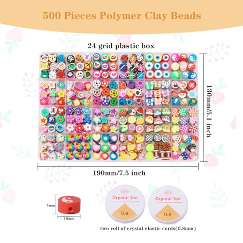 500 Pieces Polymer Clay Beads for DIY Jewelry Making, 24 Style Cute Clay Bead Animal Beads Flower Football Sports Beads Charms for Bracelets Necklace Crafts Kits for Adults Women