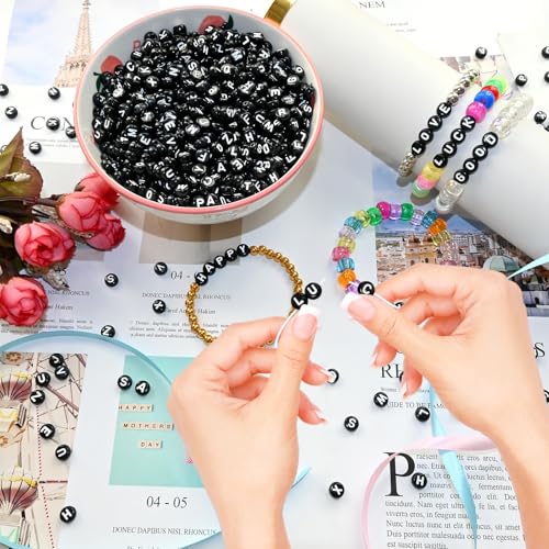 Amaney 1200pcs Black Round Acrylic Alphabet Letter Beads 7x4mm for Jewelry Making Bracelets Necklaces Key Chains - color: 1200Black&White