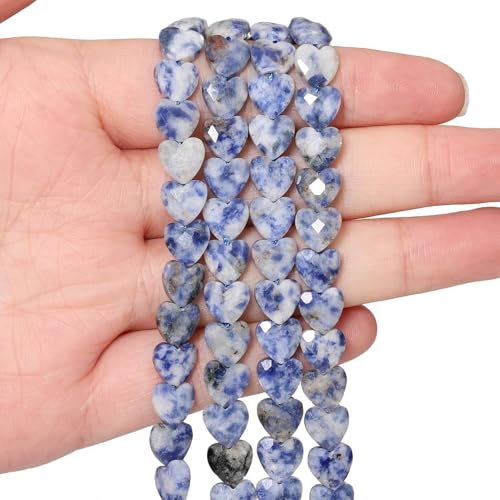 22pcs Faceted Heart Bead Natural Blue Dot Stone Beads 8mm Crystals and Healing Stones for Jewelry Making Supplies,Friendship Bracelet Kit,Love Gifts - color: Blue Dot Stone