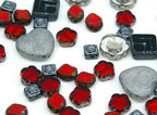 65+ pcs (2.1oz=60g) of Focal Glass Bead Mix with Table-Cut Hawaii Flower and Heart with Rose Beads, PG Gray Red - color: Focal Gray Red