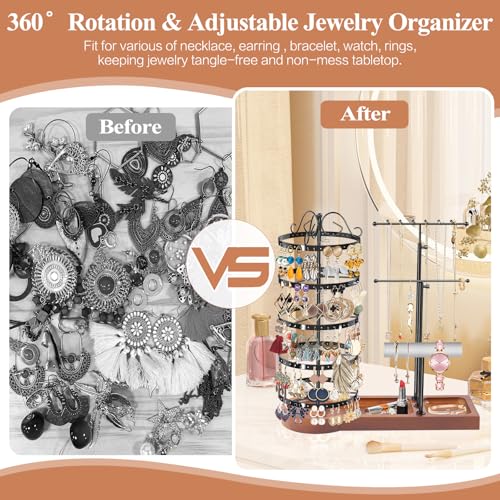 KALYLOC Jewelry Earring Holder Organizer, Adjustable 5 Tiers Rotating Earring Holder 3 Tier Necklace Holder with Wooden Base, Multi-Functional Jewelry Organizer Display Stand for Studs Bracelet Women - color: Black