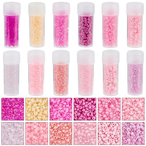 SUNNYCLUE 12 Jars 120G 2mm Glass Seed Beads Pink Seed Beads Purple 12/0 Small Round Glassy Crystal Friendship Waist Loose Spacer for Jewelry Making DIY Necklace Bracelet Jewelry Making Supplies Crafts - color: Pink, size: 2mm
