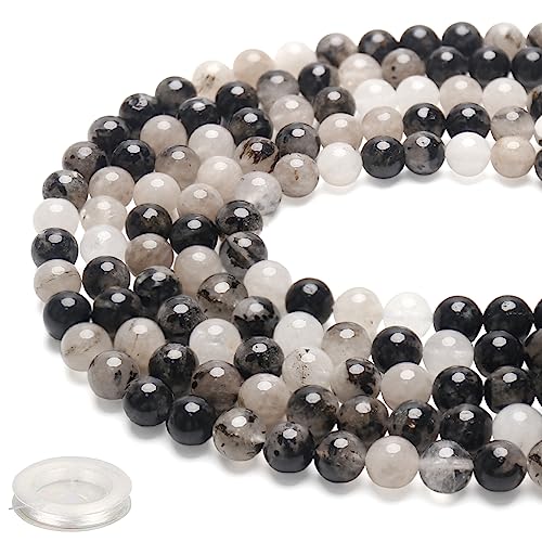 70PCS Natural 8MM Healing Gemstone, Black Rutilated Quartz Energy Stone Round Loose Beads, Semi-Precious Crystal Beads with Free Elastic String for Jewelry Making DIY - color: Black Rutilated Quartz