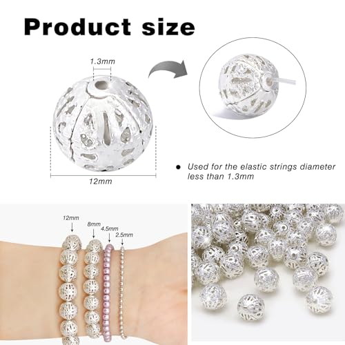 TOAOB 100pcs 12mm Silver Filigree Hollower Ball Beads Round Metal Loose Spacer Beads for DIY Crafts Bracelets Necklaces Earrings Jewelry Making - color: Silver, size: 12mm