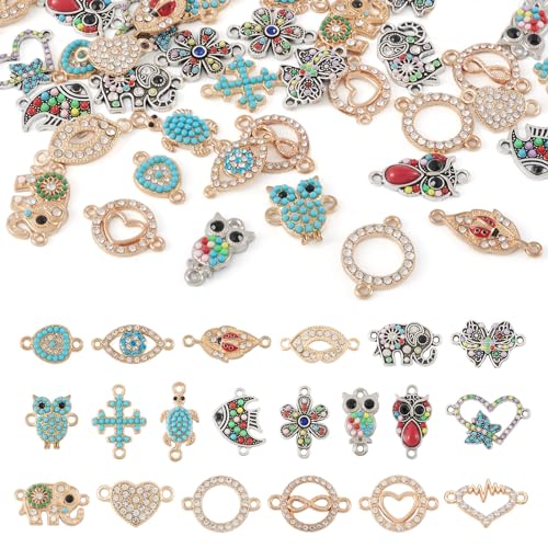 Cheriswelry Rhinestone Enamel Connectors Charm Links Evil Eye Alloy Metal Pendants Antique Silver Flat Round Hamsa Hand Owl Feather Heart Charm Pendant for Bracelet Necklace Jewelry Making - color: Antique Silver Gold-Mixed Shapes