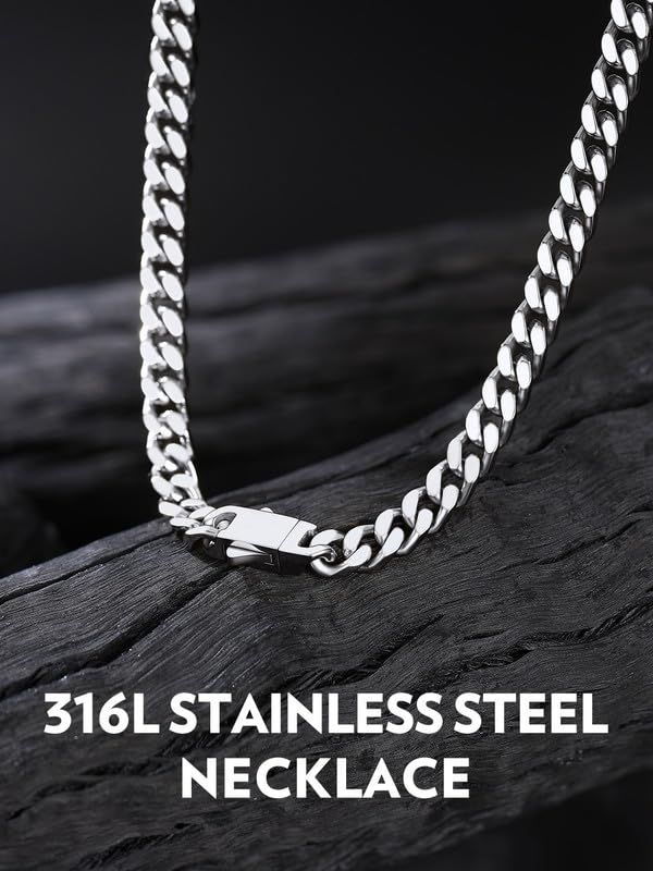 Bandmax Mens Stainless Steel Chain Necklaces 5MM/7MM/9MM/12MM Chunky Miami Cuban Link Chain Necklace Silver/Gold Plated/Black Chains for Men 18"-30" - color: 01 5MM-Silver Tone, size: 20 Inch (51cm)