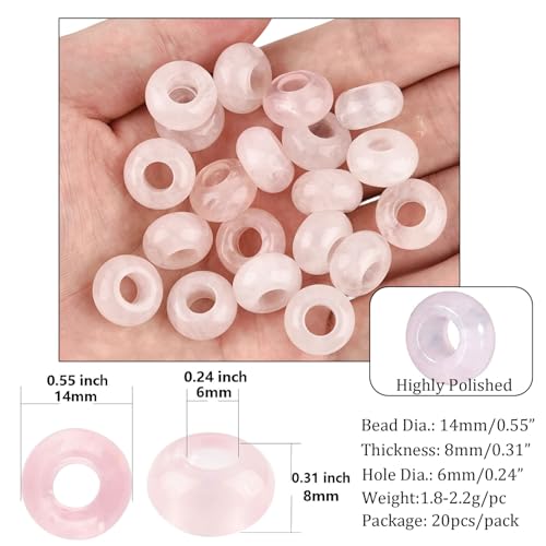 20Pcs Natural Rose Quartz Large Hole Beads, 8x14mm Rondelle Gemstone Spacer Beads 6mm Big Hole for Jewelry Making, Beading Bracelets, Macrame & Hair Braiding - color: Pink Rose Quartz