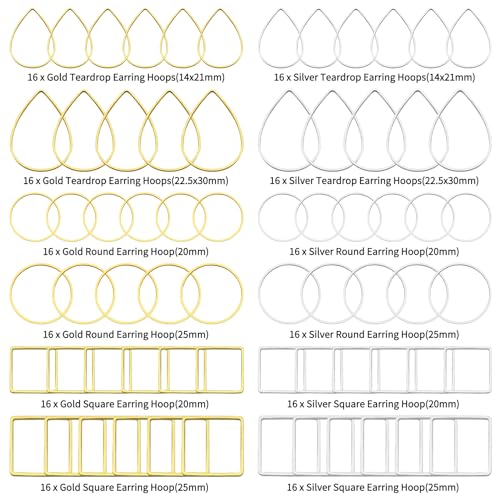 Oubaka 192pcs Earring Hoop Jewelry Making, 3 Shapes Earrings Beading Hoop Bulk Hypoallergenic Square Teardrop Round Earring Findings for DIY Crafts Accessories Supplies (Gold&Silver) - color: 192PCS;Teardrop,Square,Round;Gold,Silver
