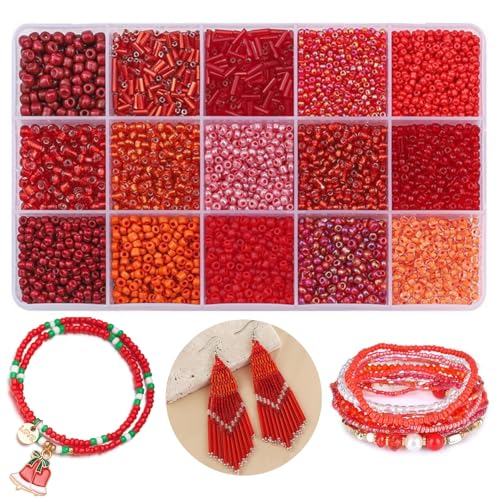 15 Color 4mm Small Assorted Glass Seed Beads,3mm Bugle Beads Friendship Bracelet Kit,2mm Tiny Tube Bead for Jewelry Making(Red) - color: red