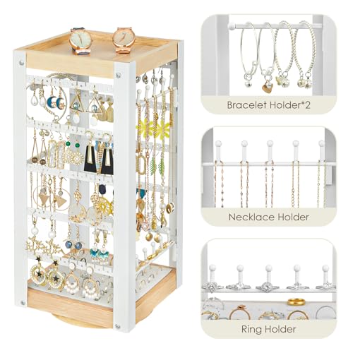 keomaisyto Earring Holder Organizer, Rotating Jewelry Holder with Ring Tray/Bracelet/Necklace Hooks, 360°Earring Organizer with Stable Bamboo Base for Jewelry Display, White - color: White & Grey
