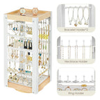 keomaisyto Earring Holder Organizer, Rotating Jewelry Holder with Ring Tray/Bracelet/Necklace Hooks, 360°Earring Organizer with Stable Bamboo Base for Jewelry Display, White - color: White & Grey